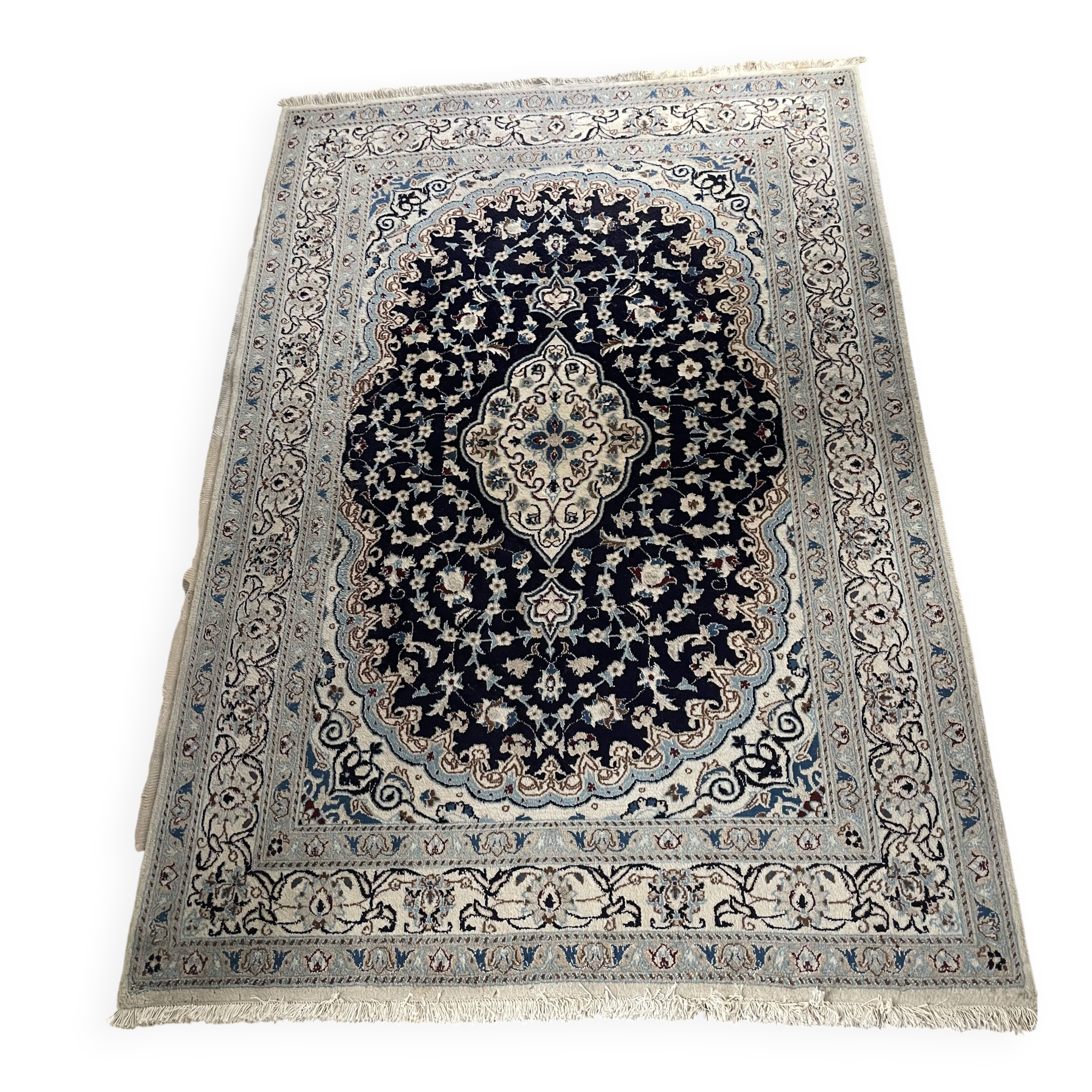 Hand-knotted Nain Persian rug with blue and white floral design