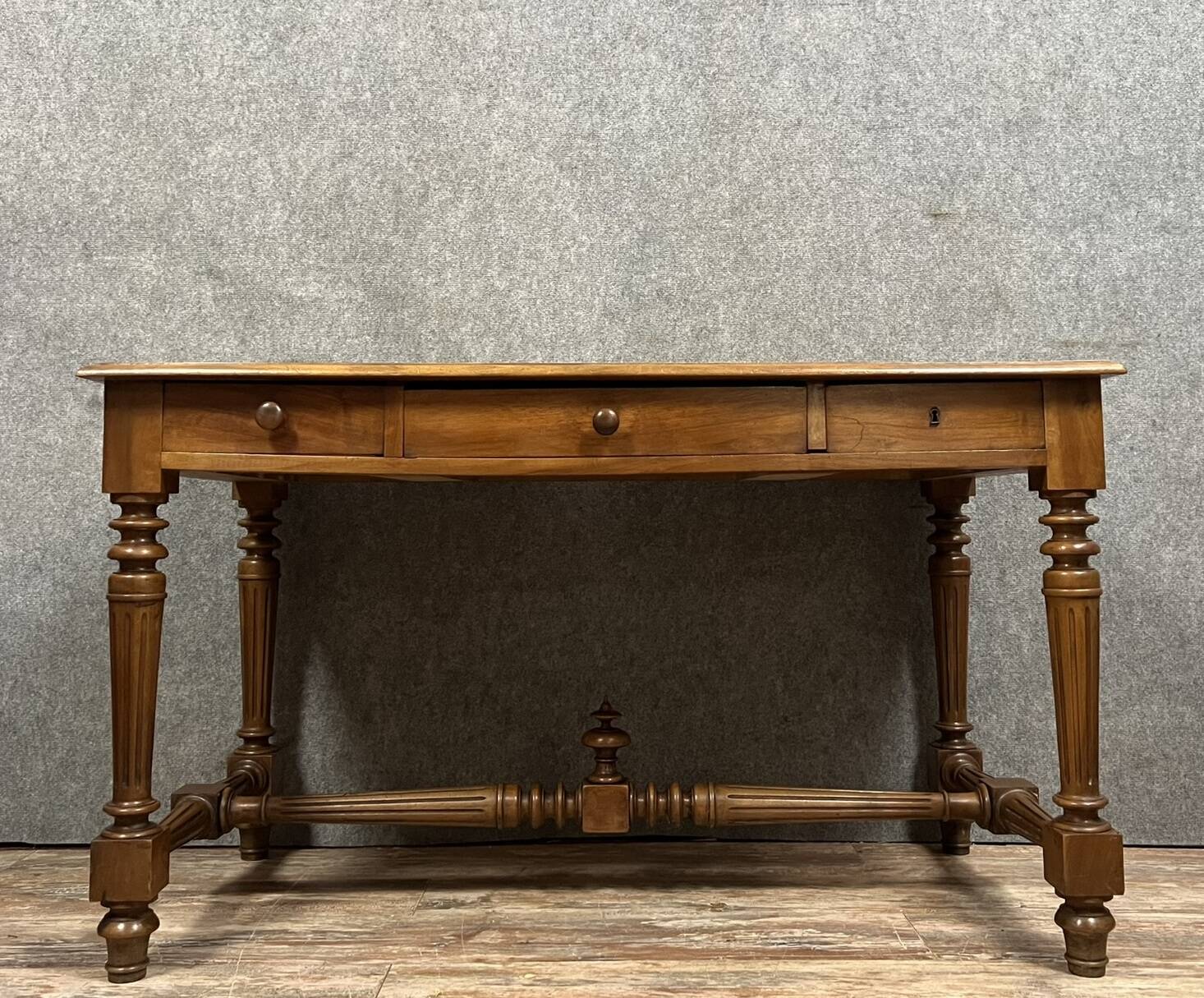 Magnificent Louis XVI style center flat desk in solid walnut circa 1850