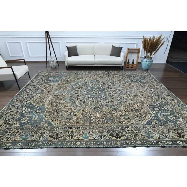1970s Vintage Persian Handmade Wool Cotton Light Brown Area Rug 308x370