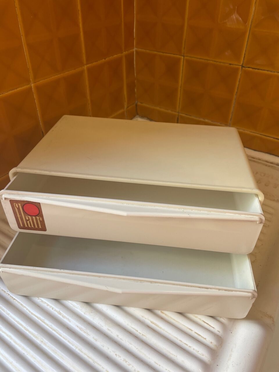 Bakelite white plastic vintage wall storage box with Flair origin label