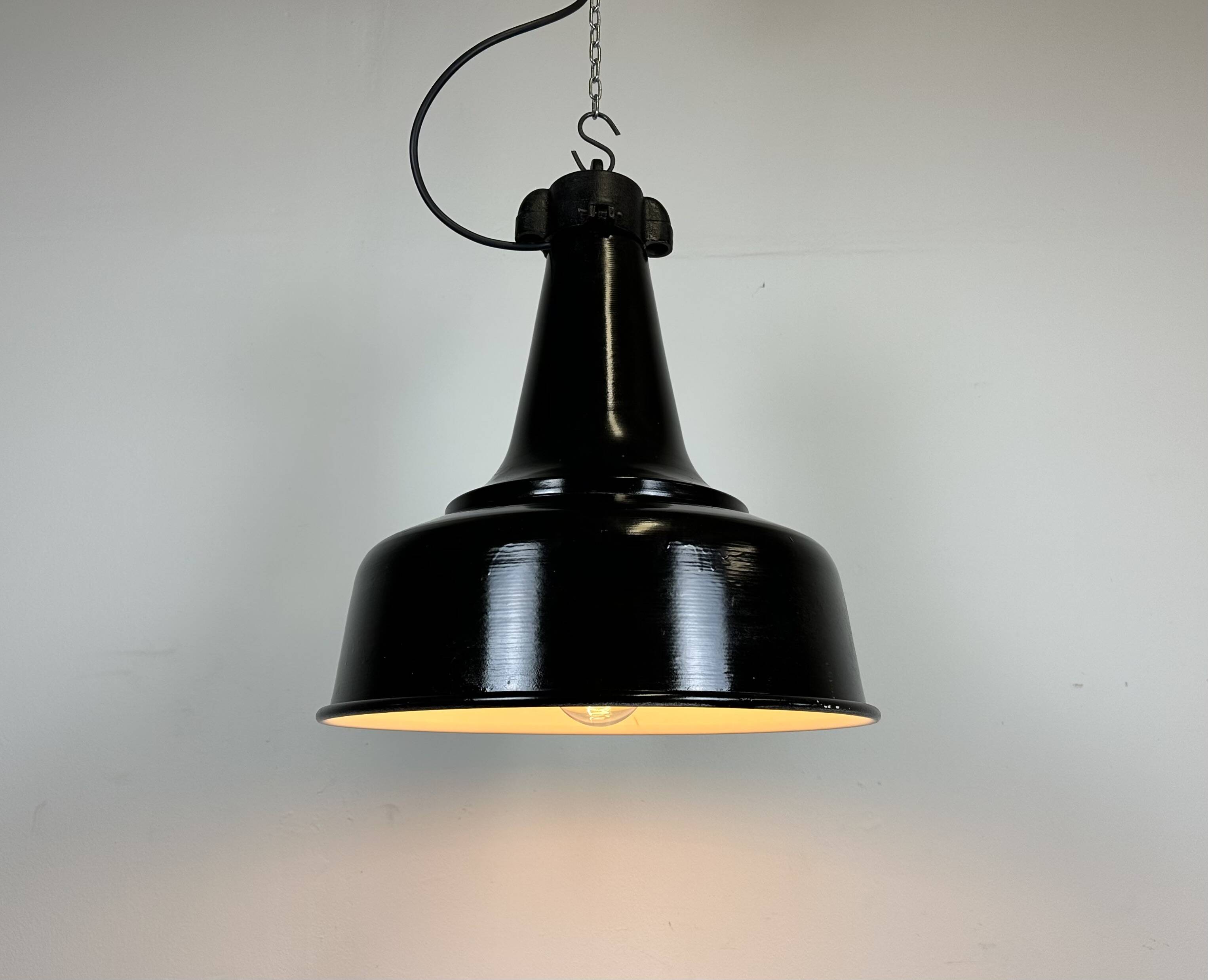 Industrial black pendant factory lamp with cast iron top, 1970s