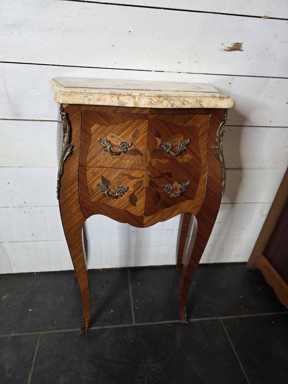 Louis XV style curved bedside table in marquetry