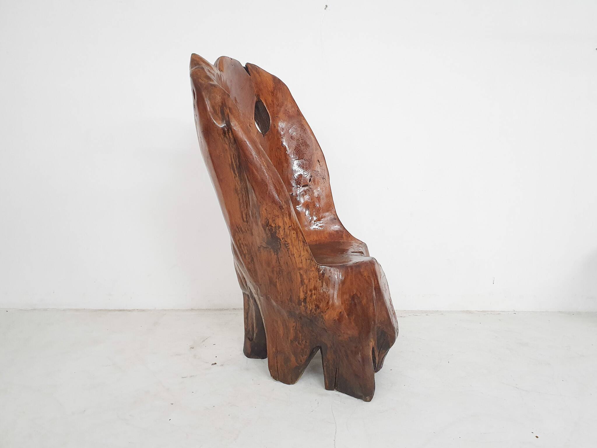 Hand carved wooden tree trunk chair, 1970's