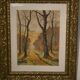 Lithograph of a woodland path, gilt frame, with embossed foliage decoration, 1950s