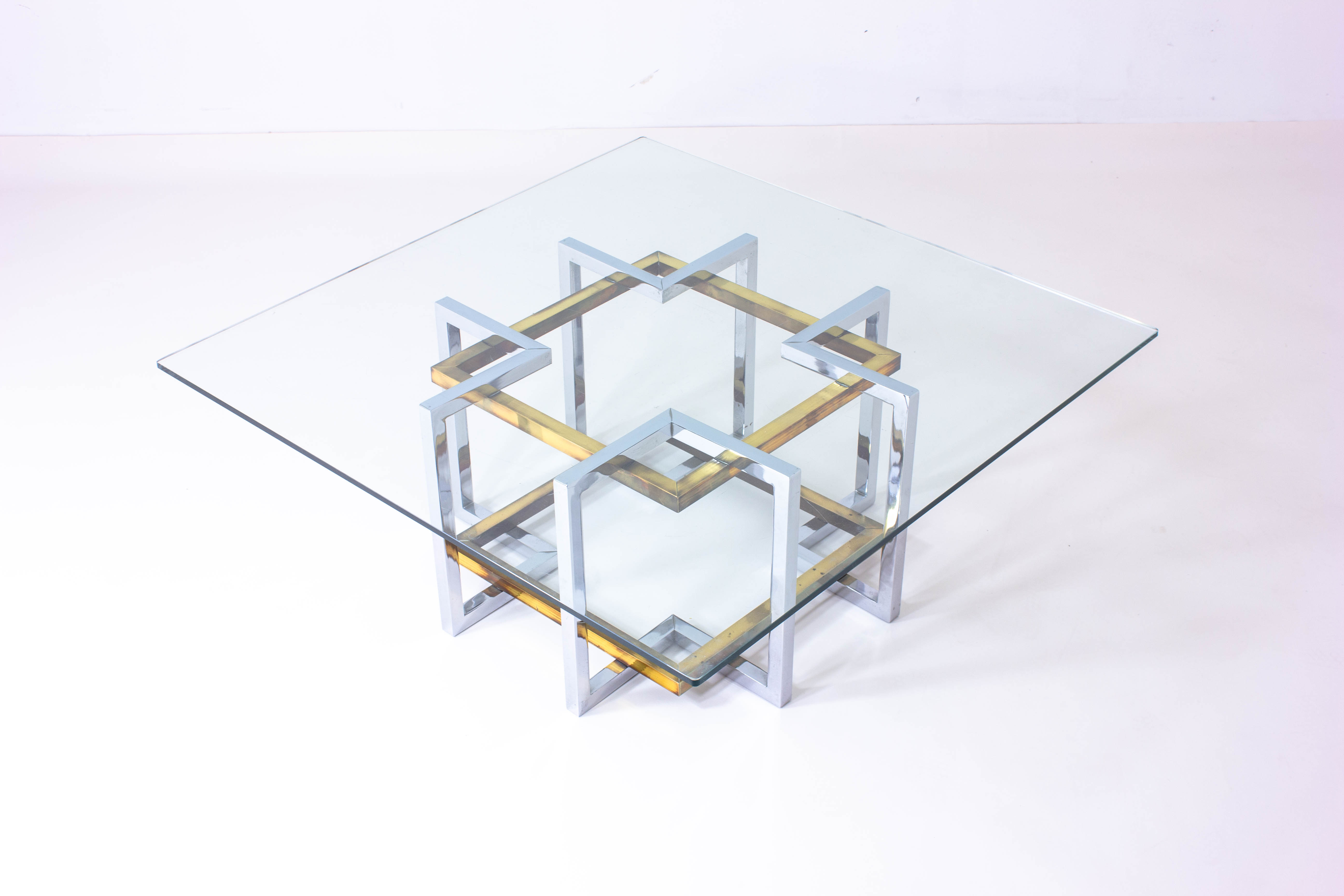 Geometrical brass & chrome coffee table, Belgium 1970s