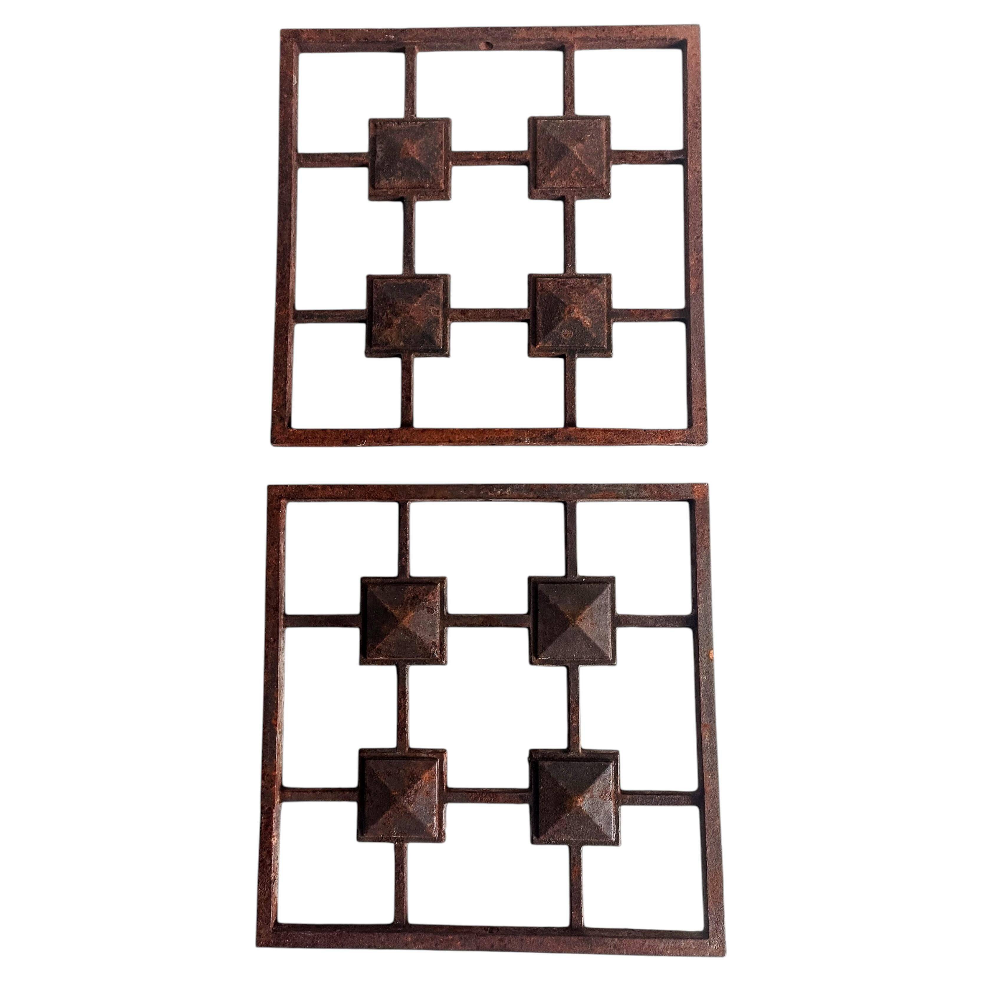 Pair of Antique French Wrought Iron Door Window Grilles – Sculptural Wall Decor