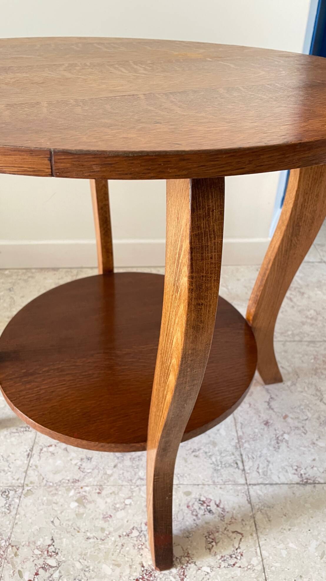 Vintage round oak coffee table with 2 shelves
