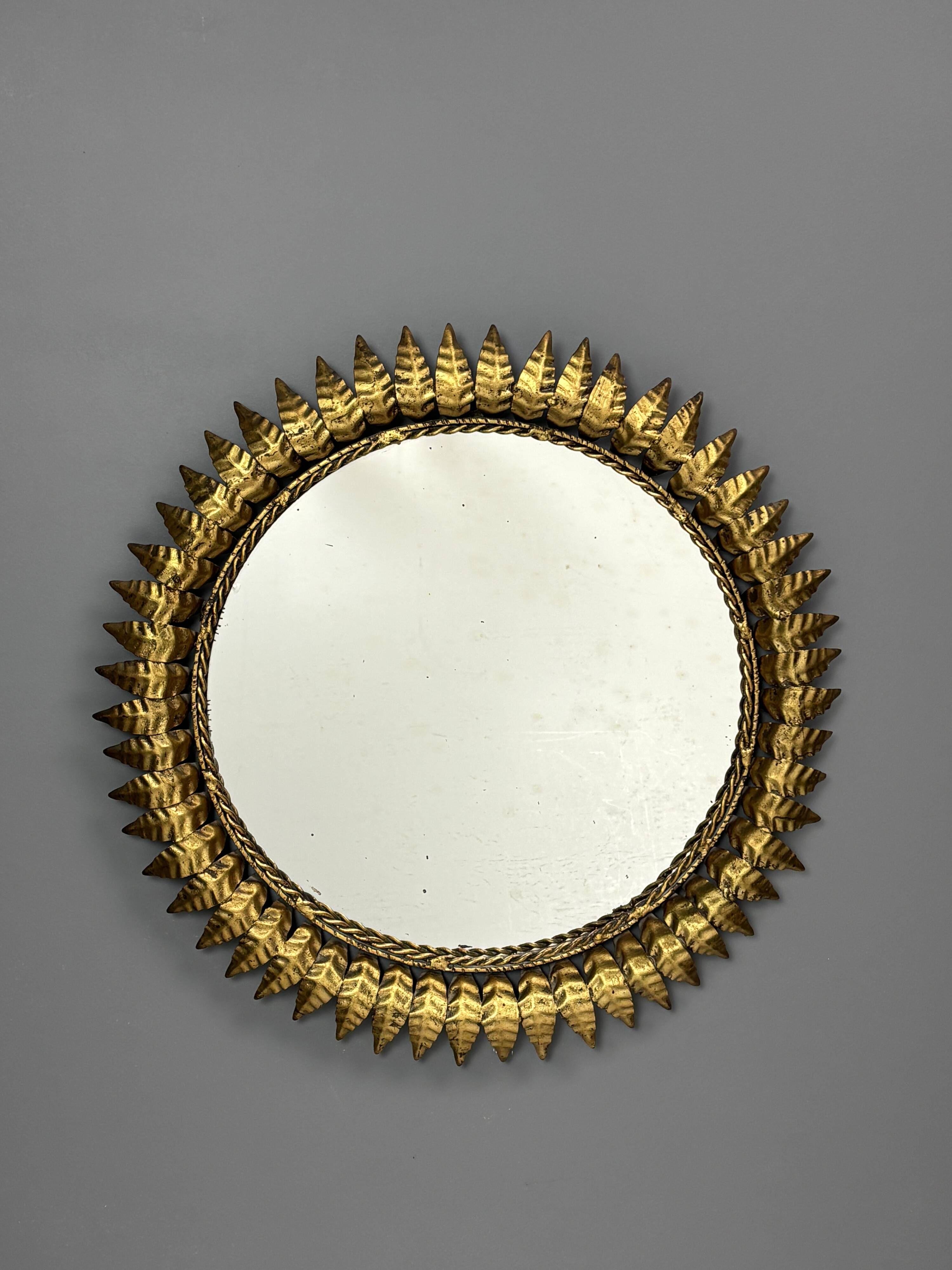 Midcentury bohemian Hollywood Regency Spanish gilt metal sun mirror, 1960s