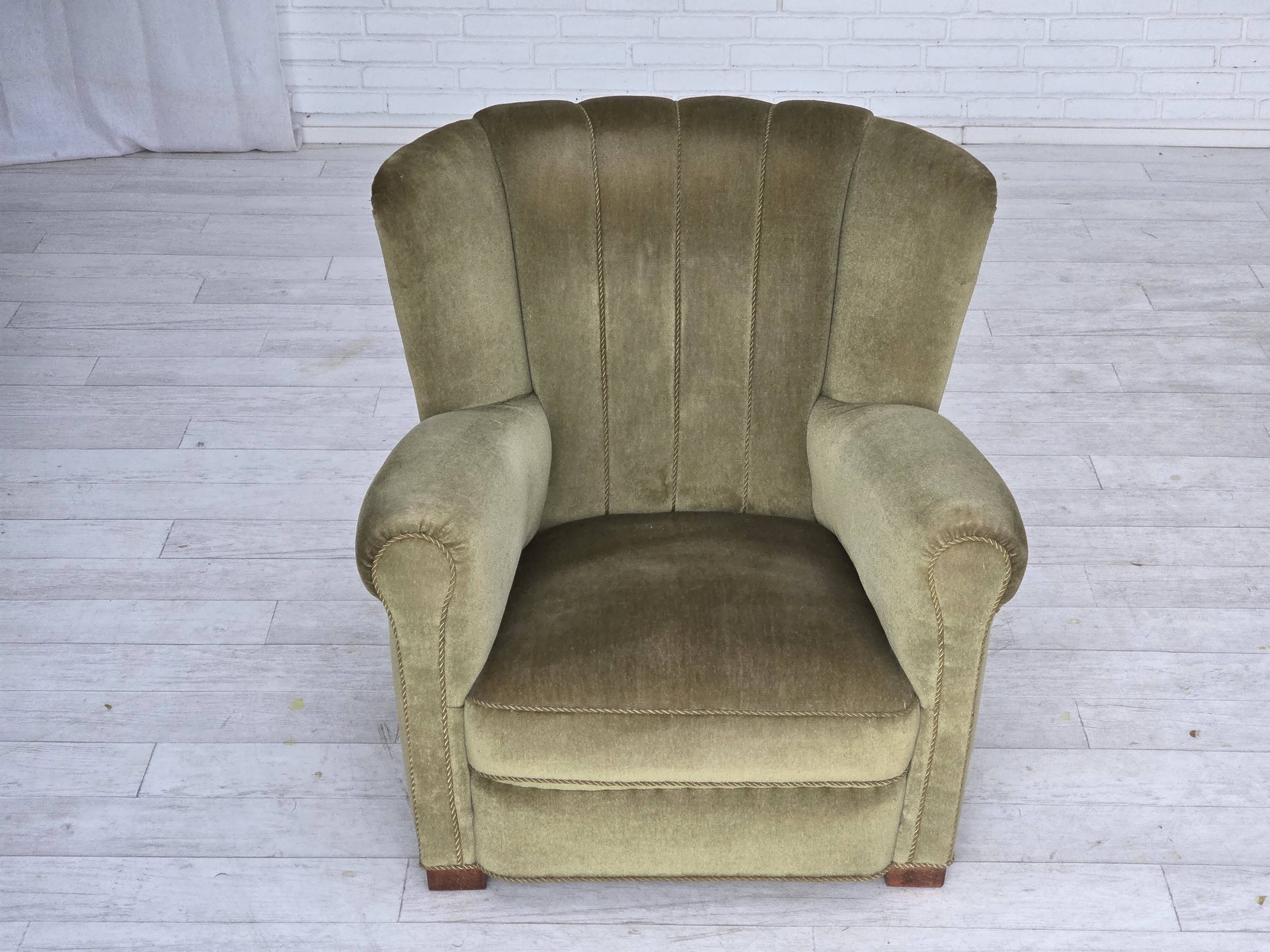 1960s, Danish relax armchair, original green furniture velour, beech wood.