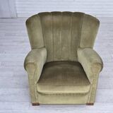 1960s, Danish relax armchair, original green furniture velour, beech wood.