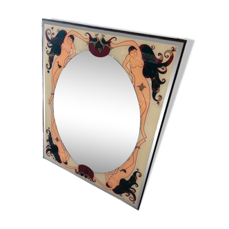 Art Deco style glass mirror, decorated on the reverse, with nude women, signed