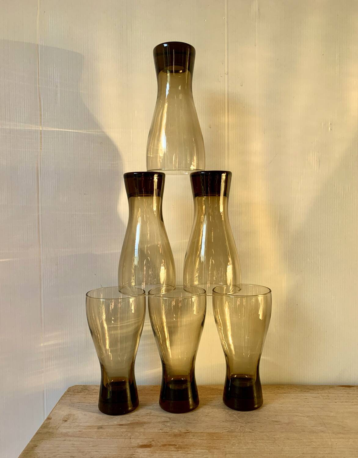 Six large smoked blown glasses 1970