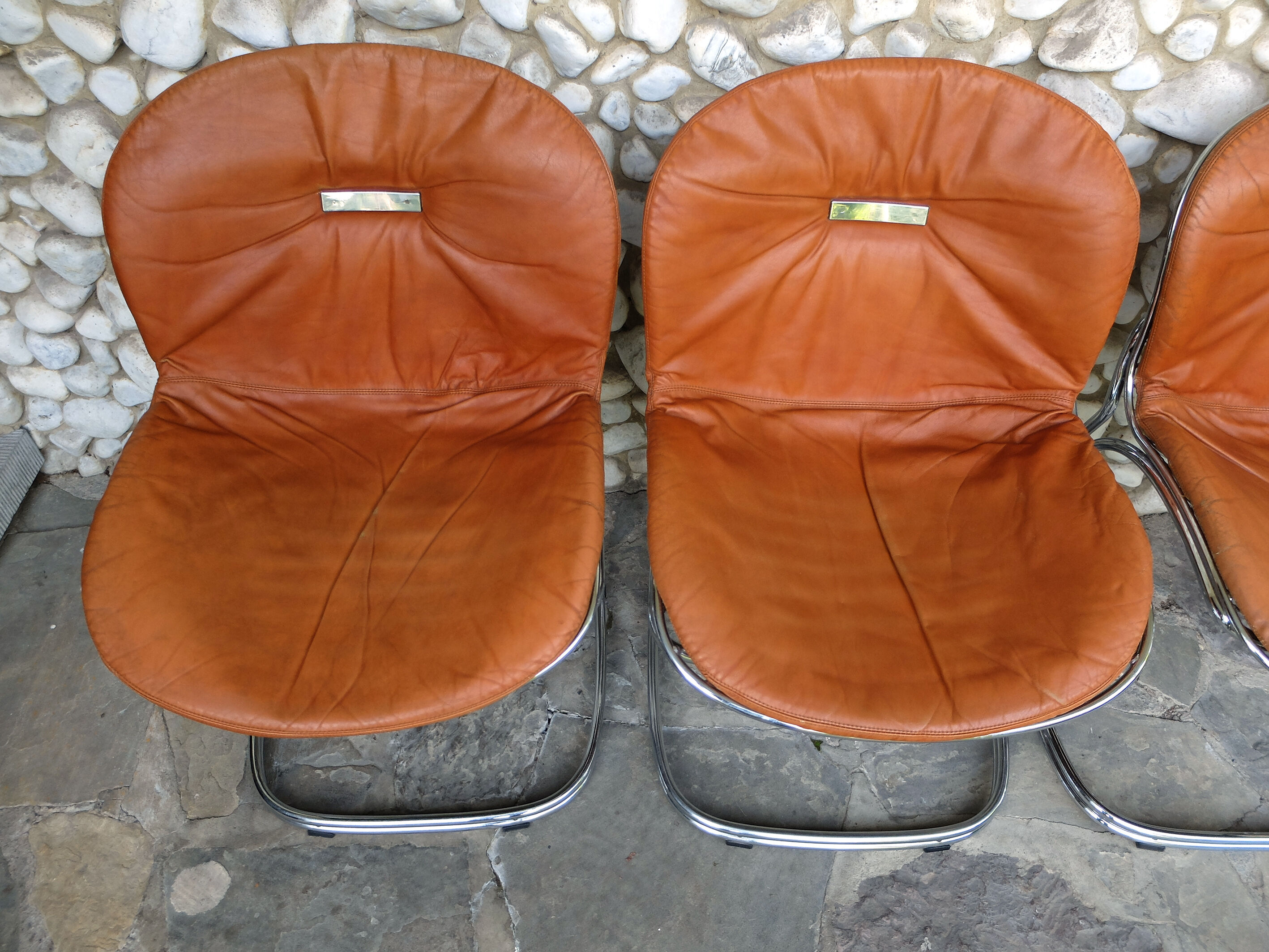 Seérie of 4 chairs Sabrina design Gastone Rinaldi for Rima, tawny leather, 1970