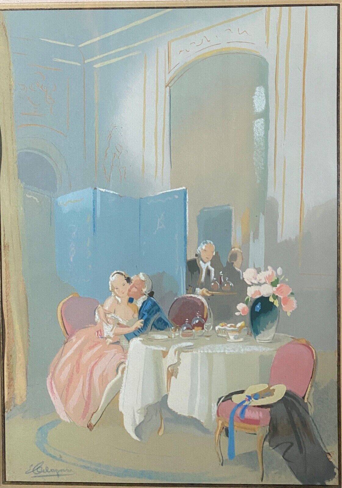 Watercolor on paper in the style of Guiraud de Scévola interior scene