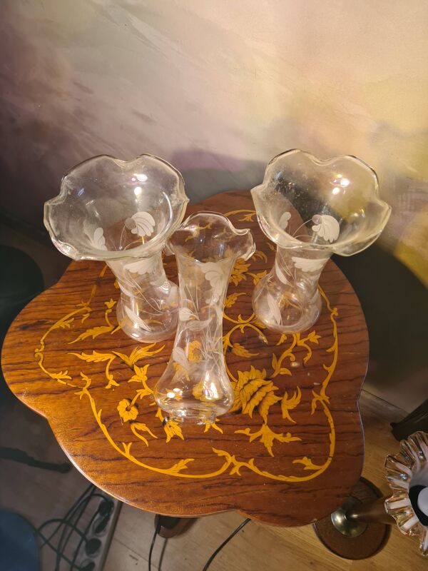 lot de 3tulipes verre gravé ciselé baccarat, art nouveau pour lampe ou lus