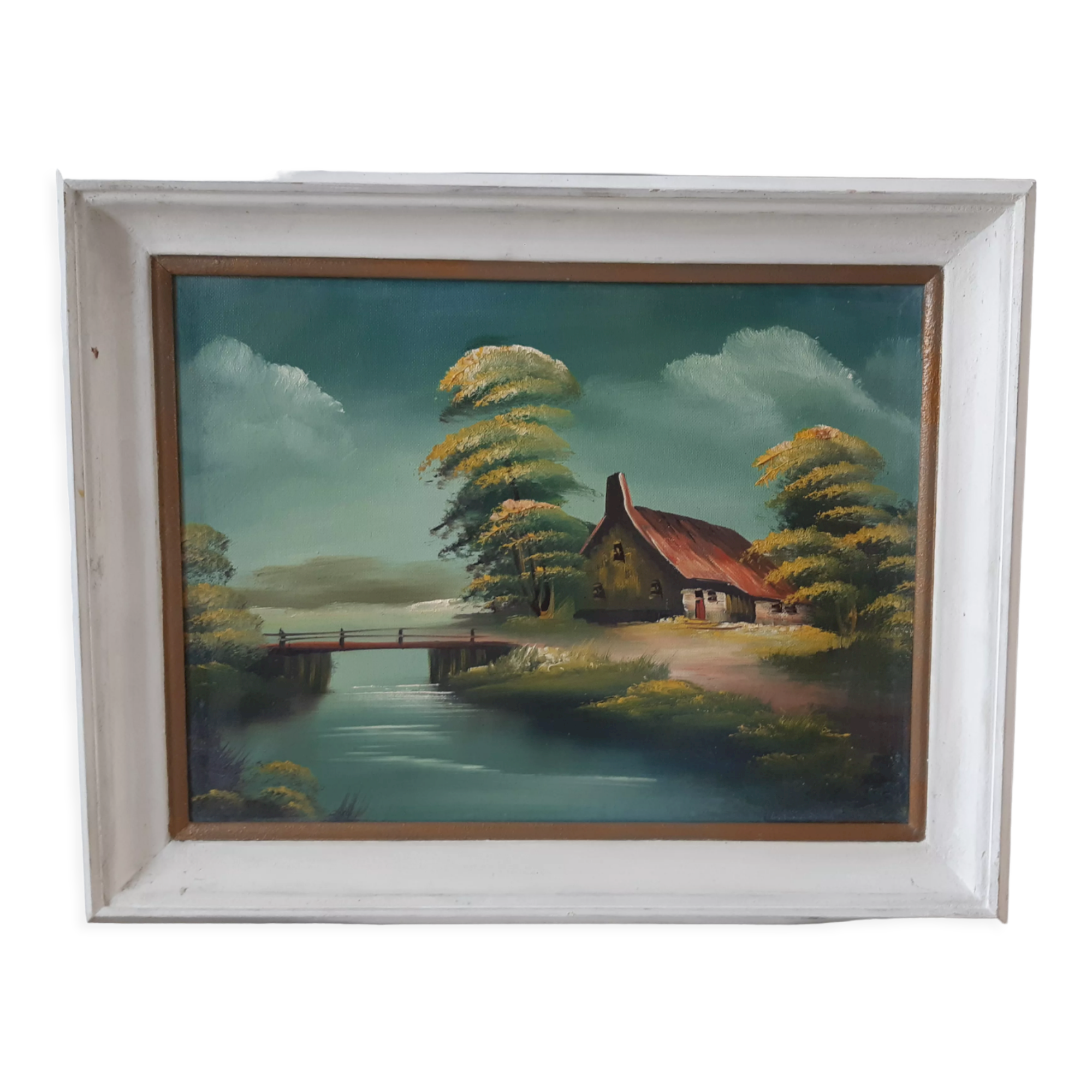 Vintage oil painting on canvas house and river