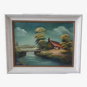 Tableau huile sur toile maison et rivière vintage