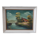 Vintage oil painting on canvas house and river