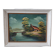 Tableau huile sur toile maison et rivière vintage