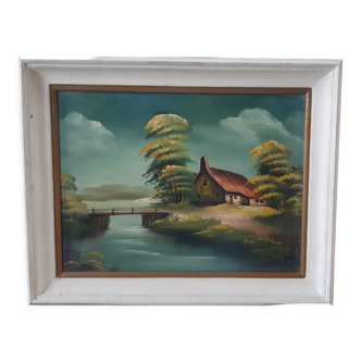 Tableau huile sur toile maison et rivière vintage