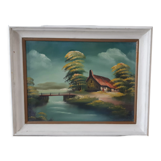 Vintage oil painting on canvas house and river