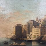 Italian school painting from the 19th century around 1800: oil on canvas, view of a lively port
