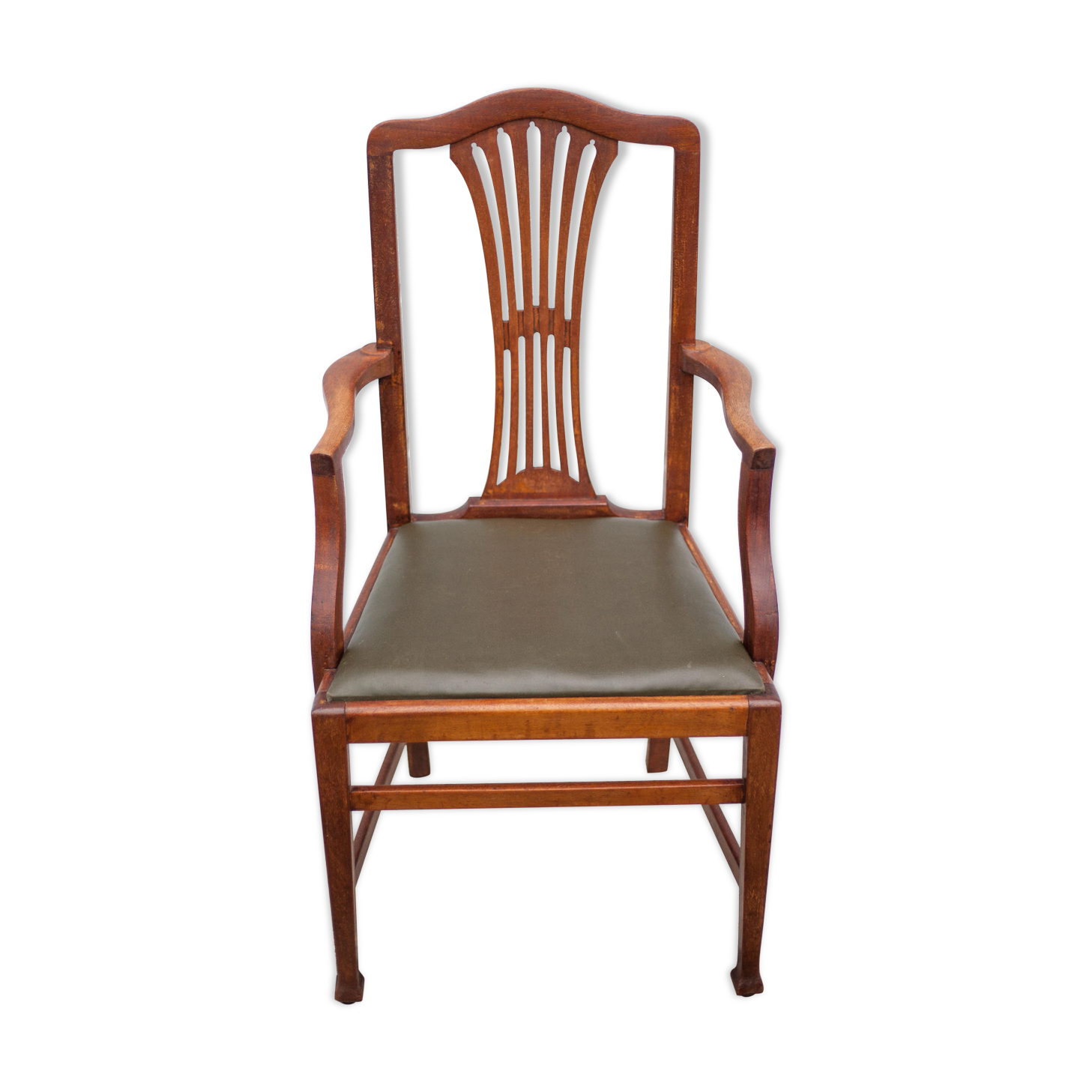 Art Nouveau armchair, wooden armchair with green leather seat, guimard style legs, living room, library