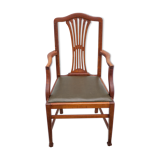 Art Nouveau armchair, wooden armchair with green leather seat, guimard style legs, living room, library