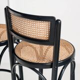 Set of 4 vintage high stools. Beech wood and cane. France, 90s