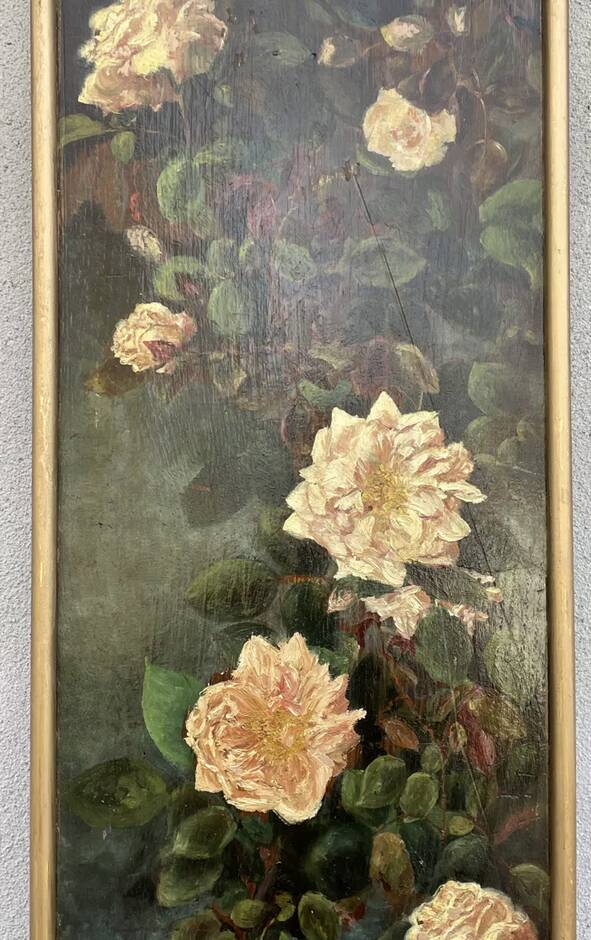 Painted panel of a still life in oil 90 x 27 cm