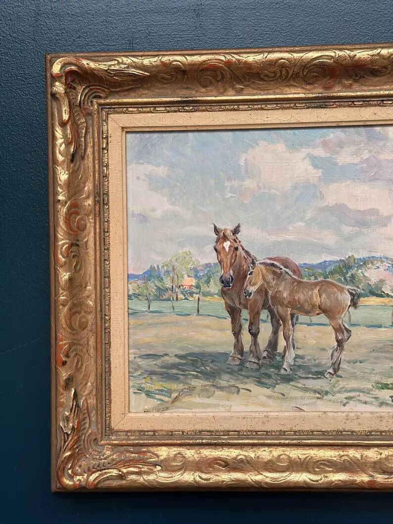 Original Vintage Swedish Oil on Panel – “Horses in a Pasture” by Einar Söderlund – Signed – Vintage & Framed