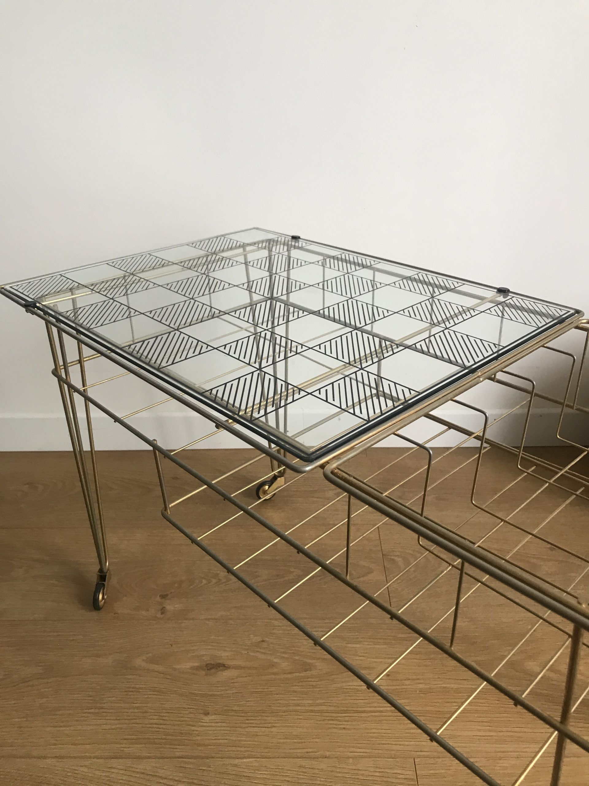 Side table gold vinyl door with wheels eiffel legs and glass checkered top