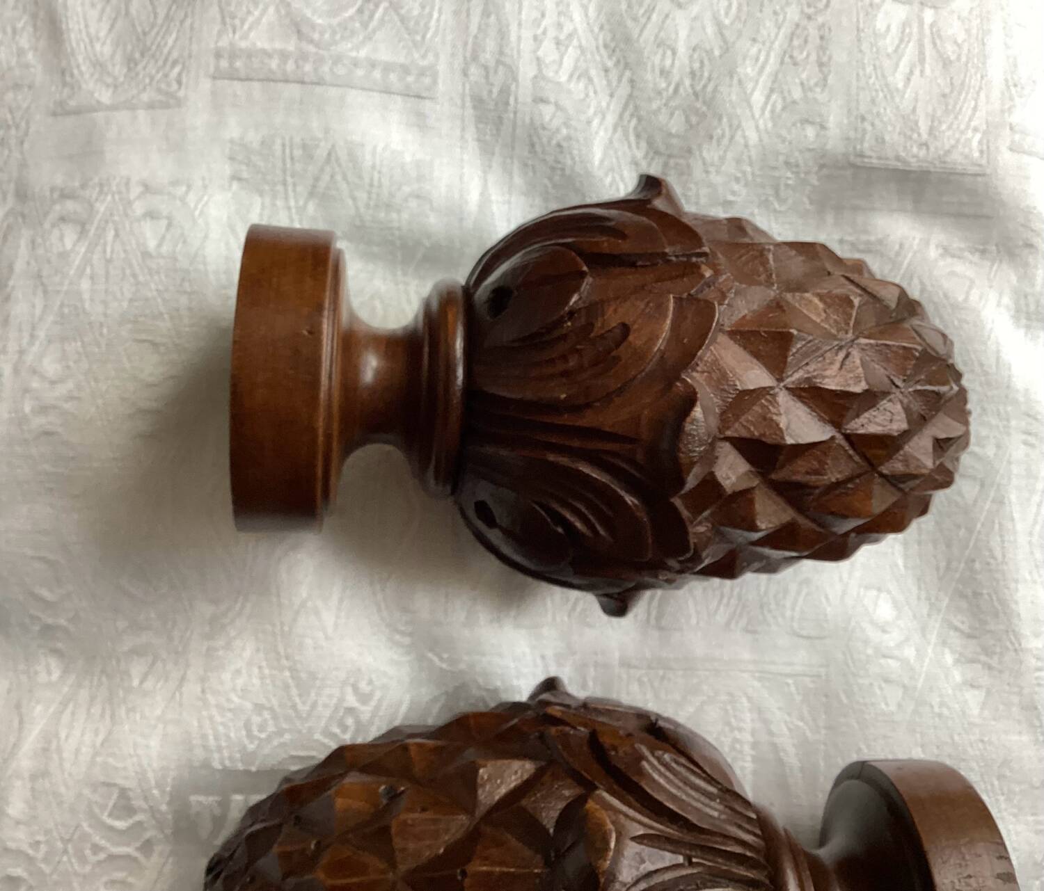 Set of 2 old pine cone shaped wooden tips