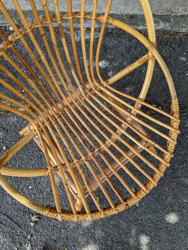 Fauteuil coquille en rotin vintage années  70 fabrication artisanale bohème