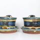 Set of 2 stoneware mugs with saucers, artisanal pottery, 1980