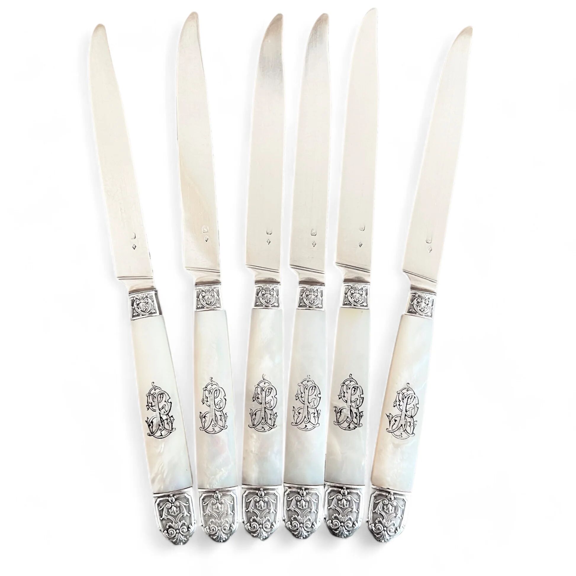 6 mother-of-pearl and sterling silver fruit knives, Hénin & Vivier (1891-1896)