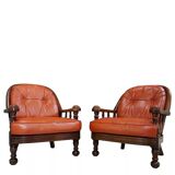 Pair of 60s armchairs in leather and wood