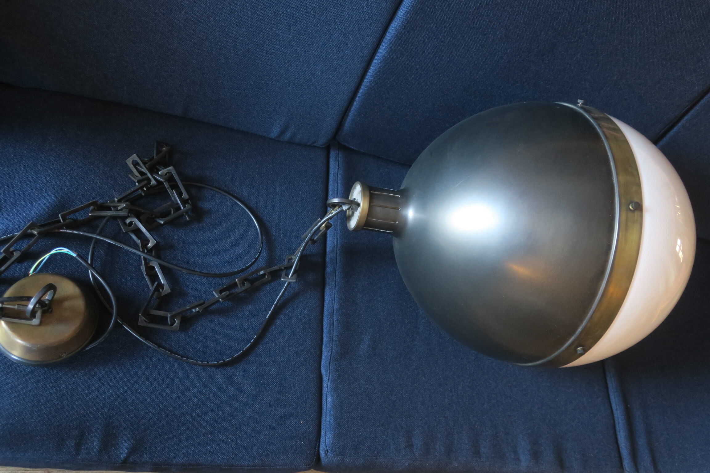 Large Hicks bronze and milk glass pendant light by Thomas O'Brien, USA