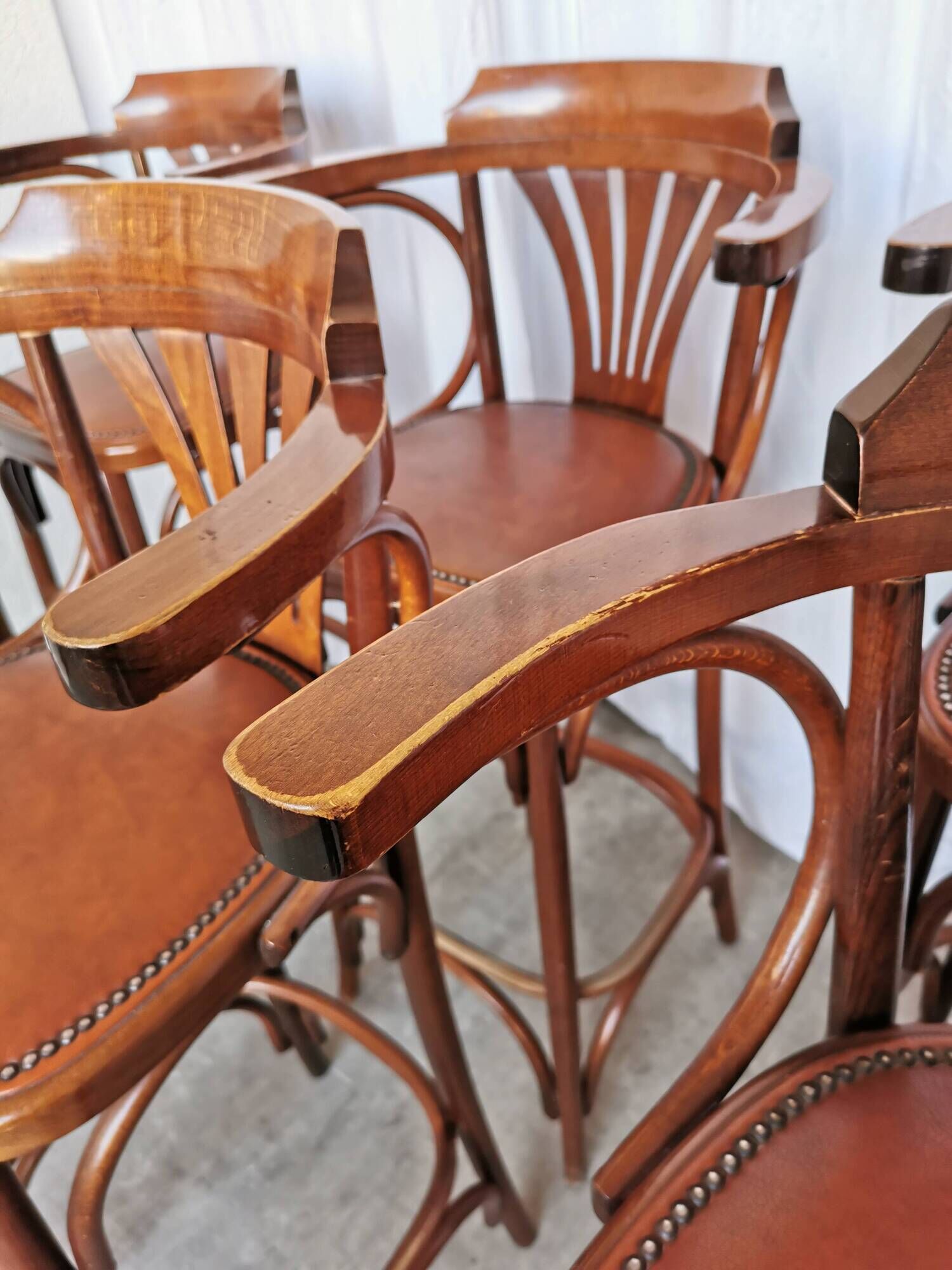 Set of 6 Vintage Bentwood Bar Stool Set: Brown Leather Seat, Nailhead Trim