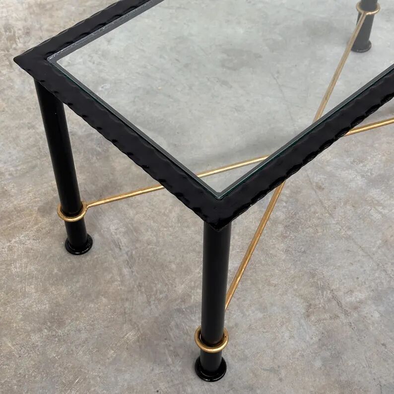 Vintage Coffee Table in Textured Black Wrought Iron and Glass with Gold Detail, 1970s