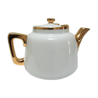 Théière porcelaine blanc et or aluminite frugier limoges vintage