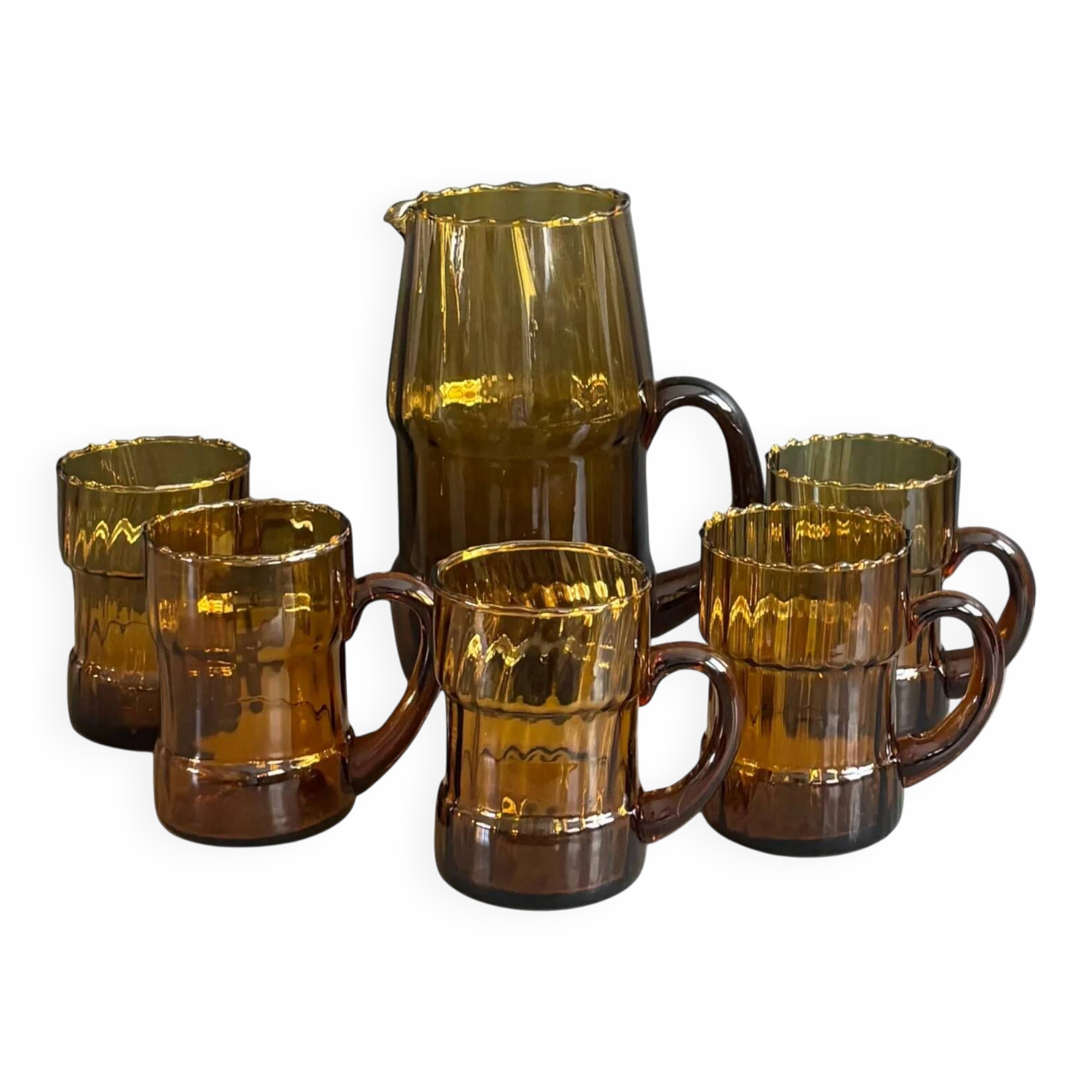 Amber textured glass water service, 1 jug + 5 glasses - Ref 1399