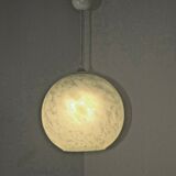 French suspended ceiling light in the shape of a white ball, Clichy 3336 glass shade.