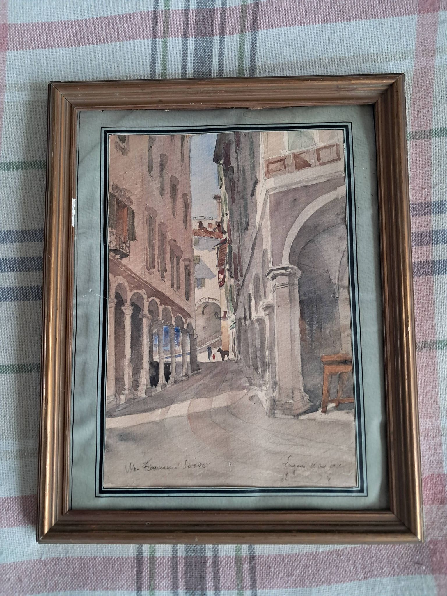 Tableau ancien représentant une rue de Lugano en Suisse