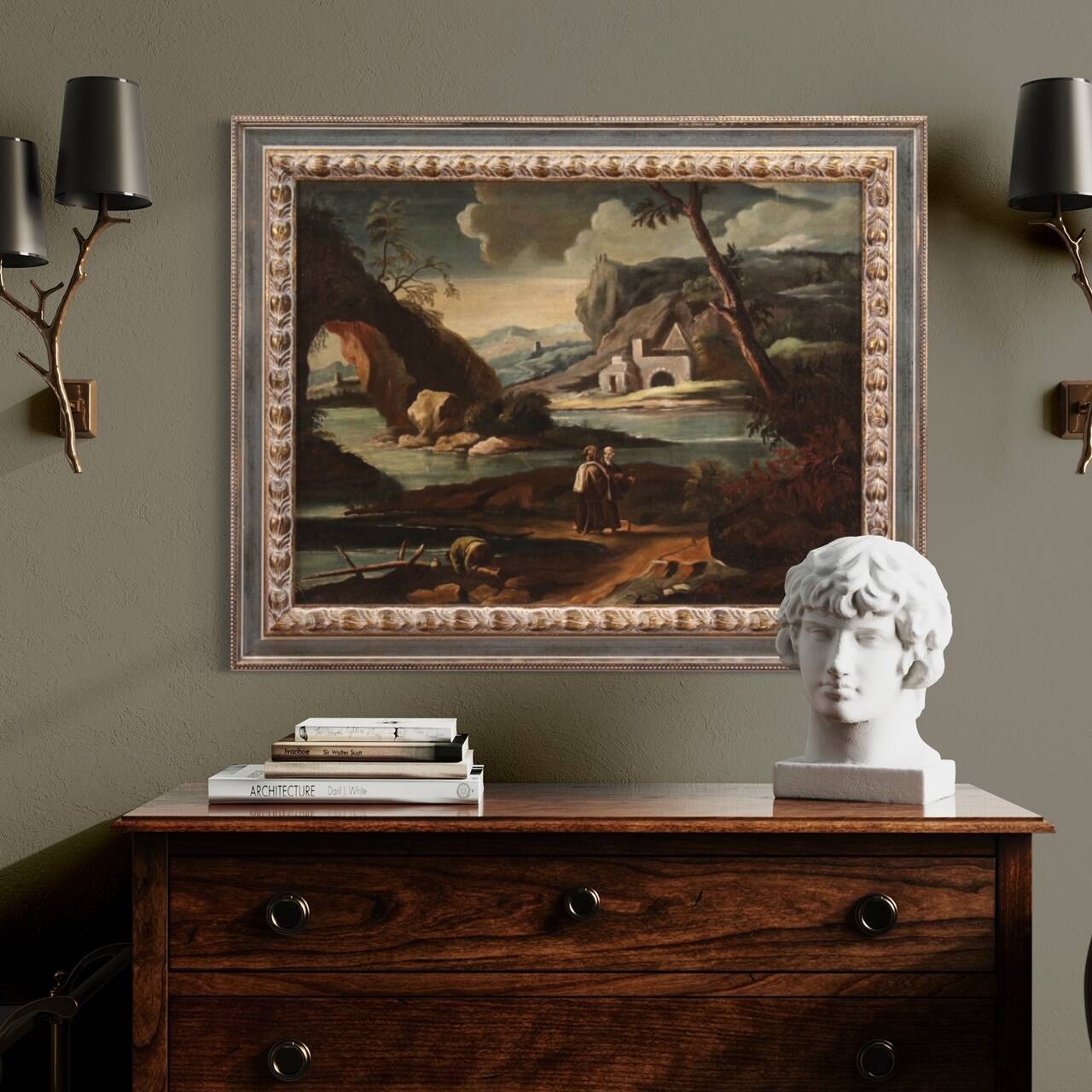 Antique painting landscape with characters from 18th century