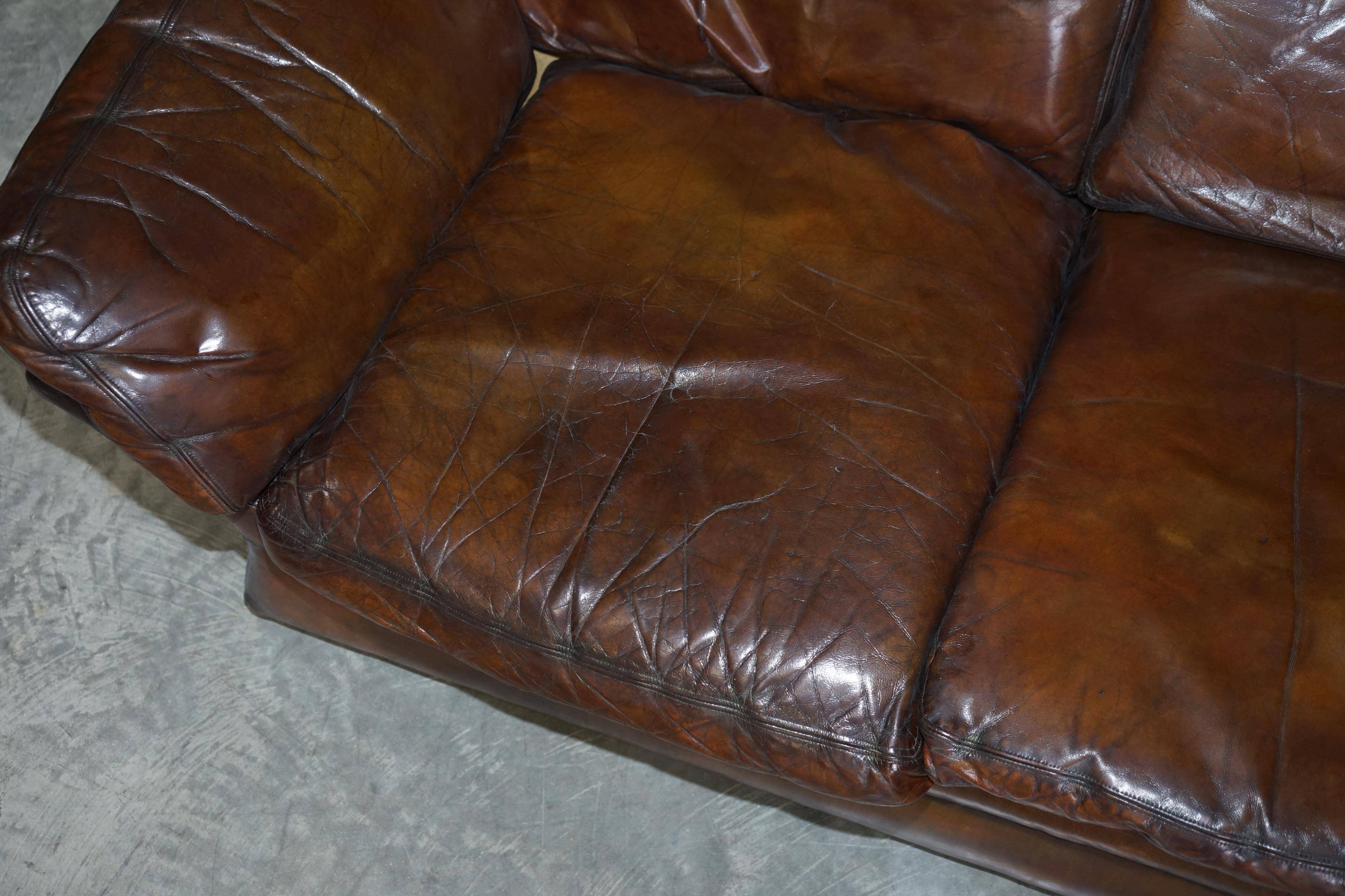 Restored leather mid-century modern low sofa