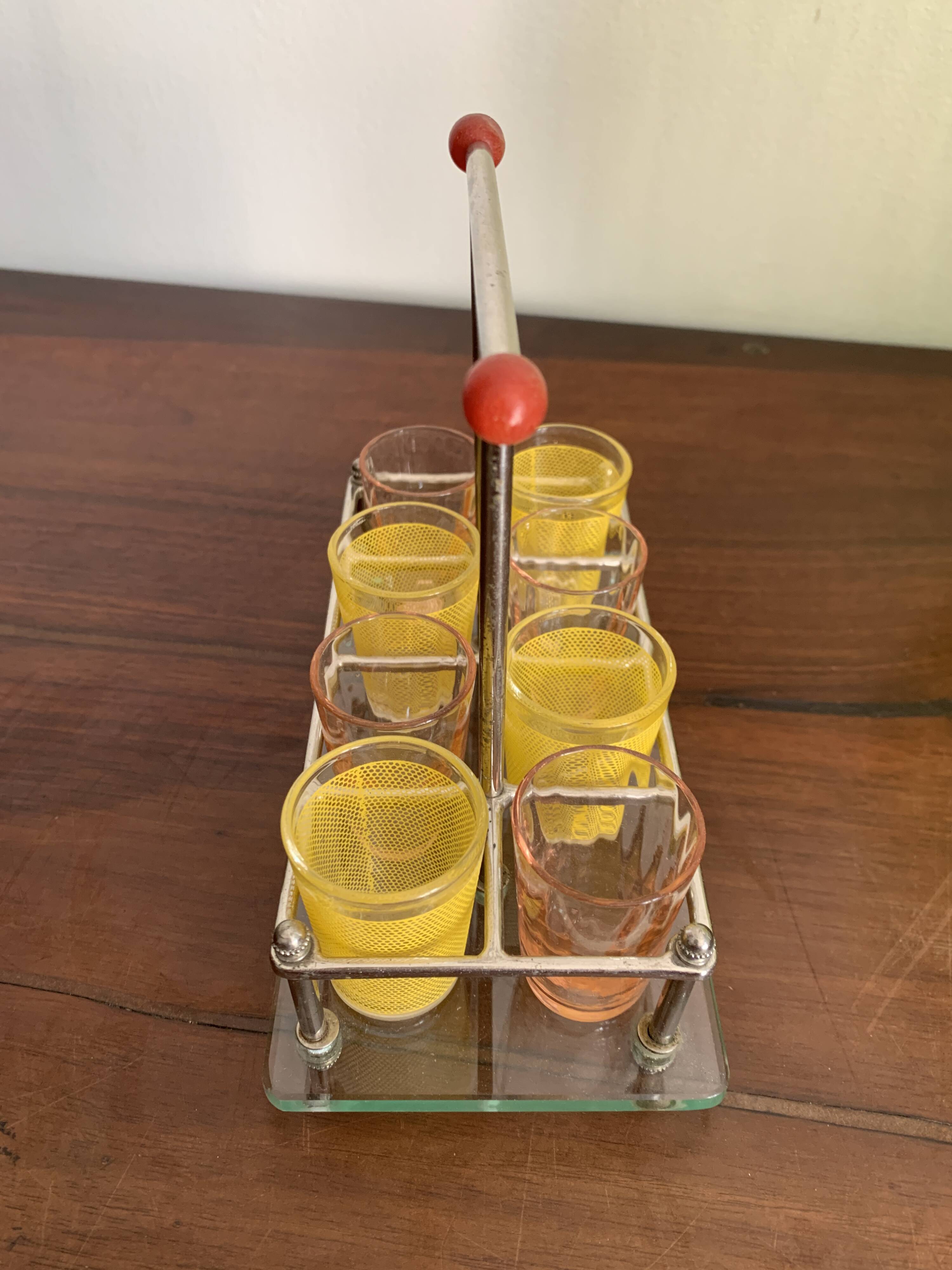 set of six digestive glasses with glass and metal tray