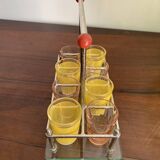 set of six digestive glasses with glass and metal tray