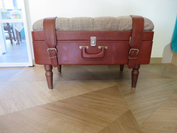 Unique-petit banc vintage-ottoman-tabouret-style colonial - valise