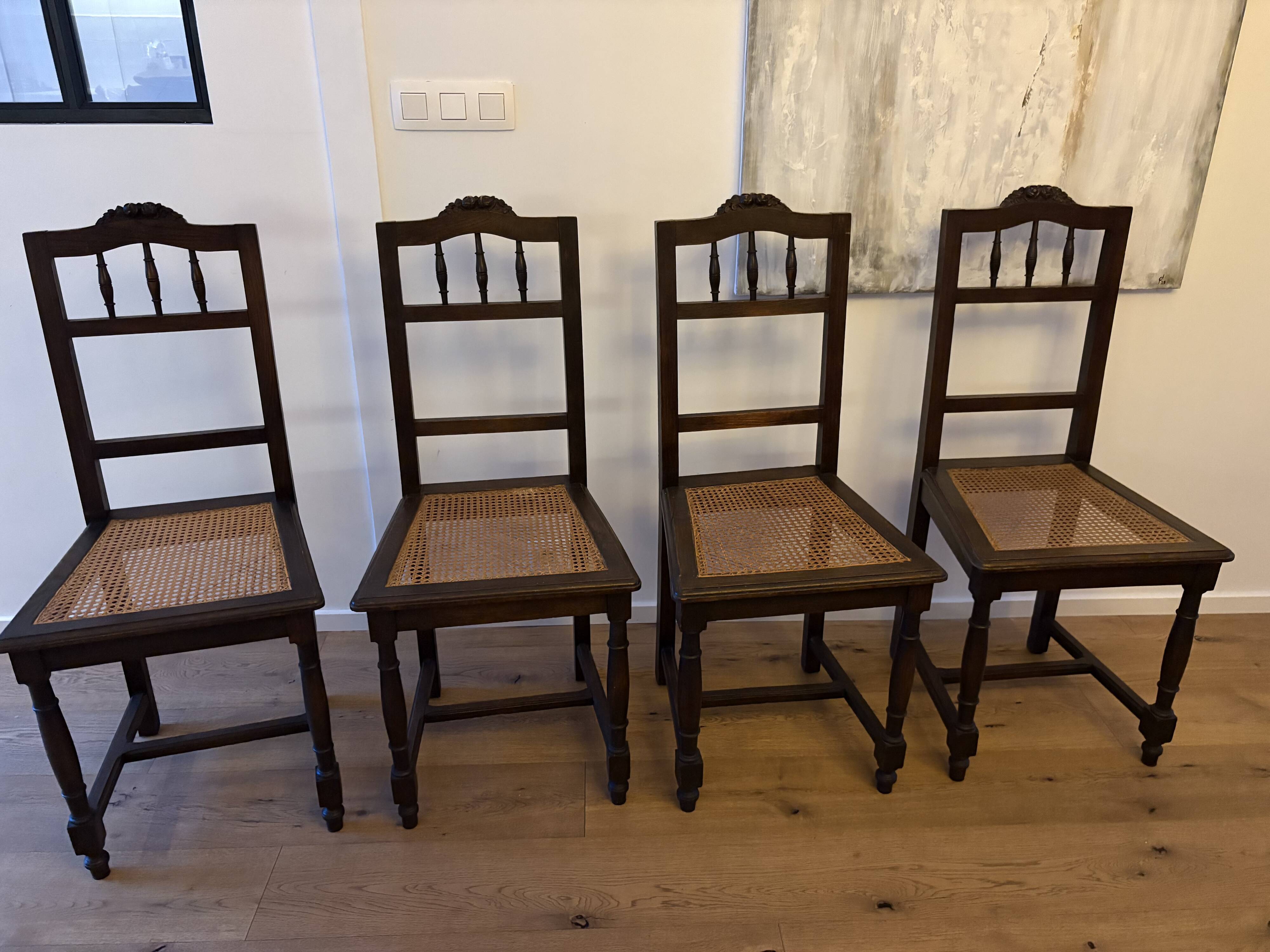 Lot of 4 solid oak chairs with caning in the Henri II style.